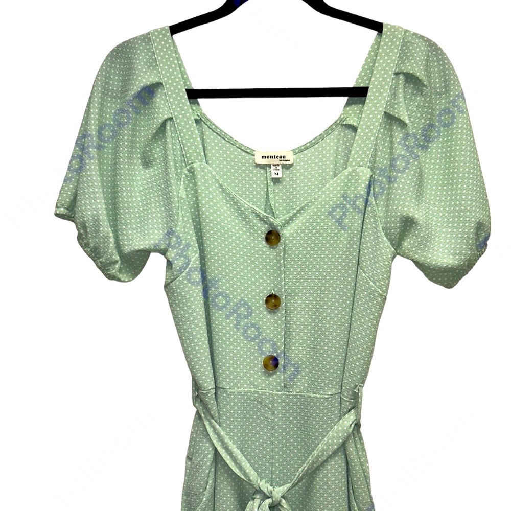 Monteau‎ Anthropologie | Polka Dot Jumpsuit Button Up Bubble Sleeveless Mint G…
